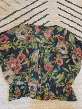 Karen Kane Black Floral Blouse with Coral & Green Accents